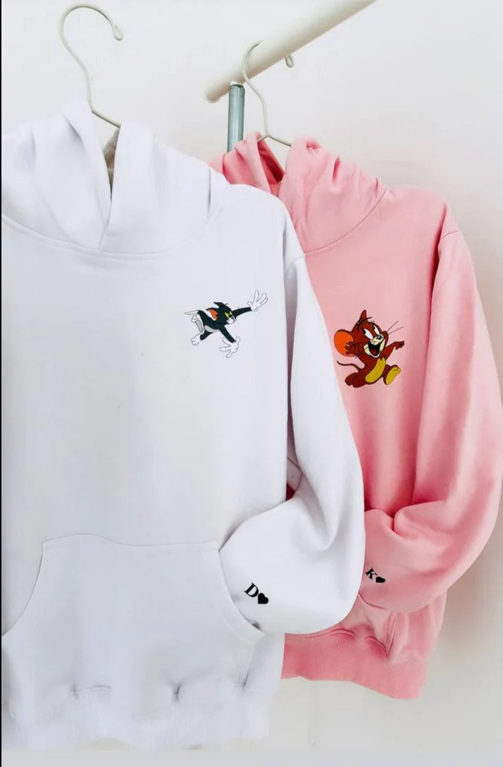 2 Pack : Tom Catching Jerry Pink & White Couple Hoodie